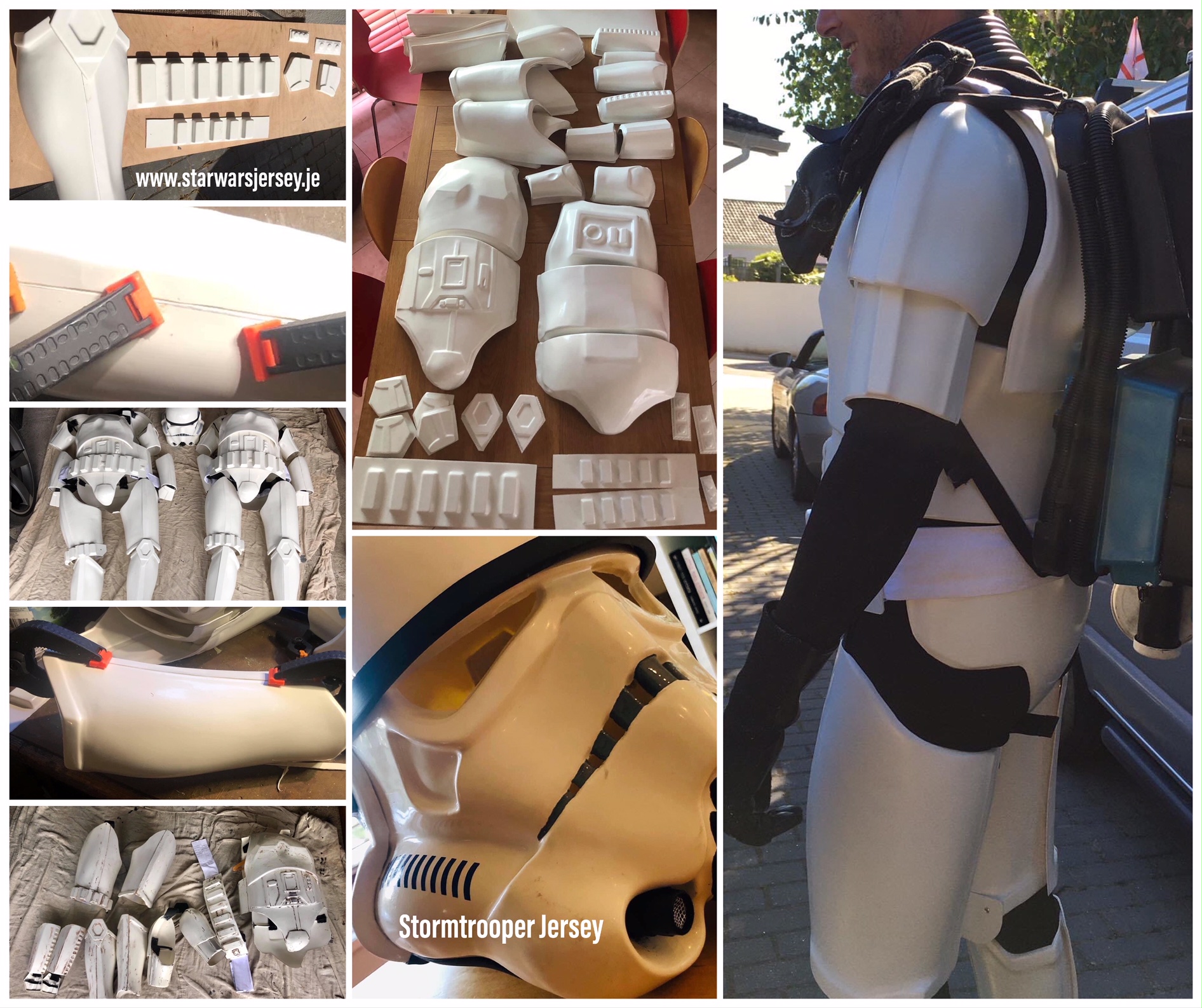 A montage of photos showing Sandtrooper armour at various stages of production and assembly.