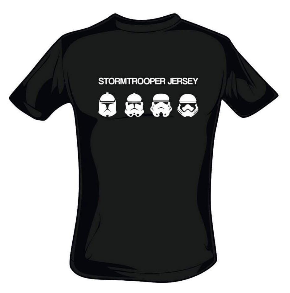 A black t-shirt featuring a white print of four helmets from the Star Wars Universe.